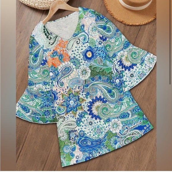 Flower Print Summer Boho Bell Sleeve‎ A-line Mini Summer Sundress, Size M, NWOT - Picture 2 of 12